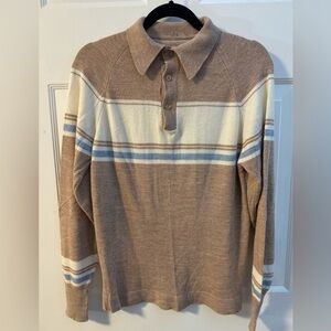 Vintage 70s Men's Long Sleeve Striped Neutral Polo Button Up Shirt Knit Preppy